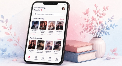 Page Turnover mobile app preview with books and floral illustrations